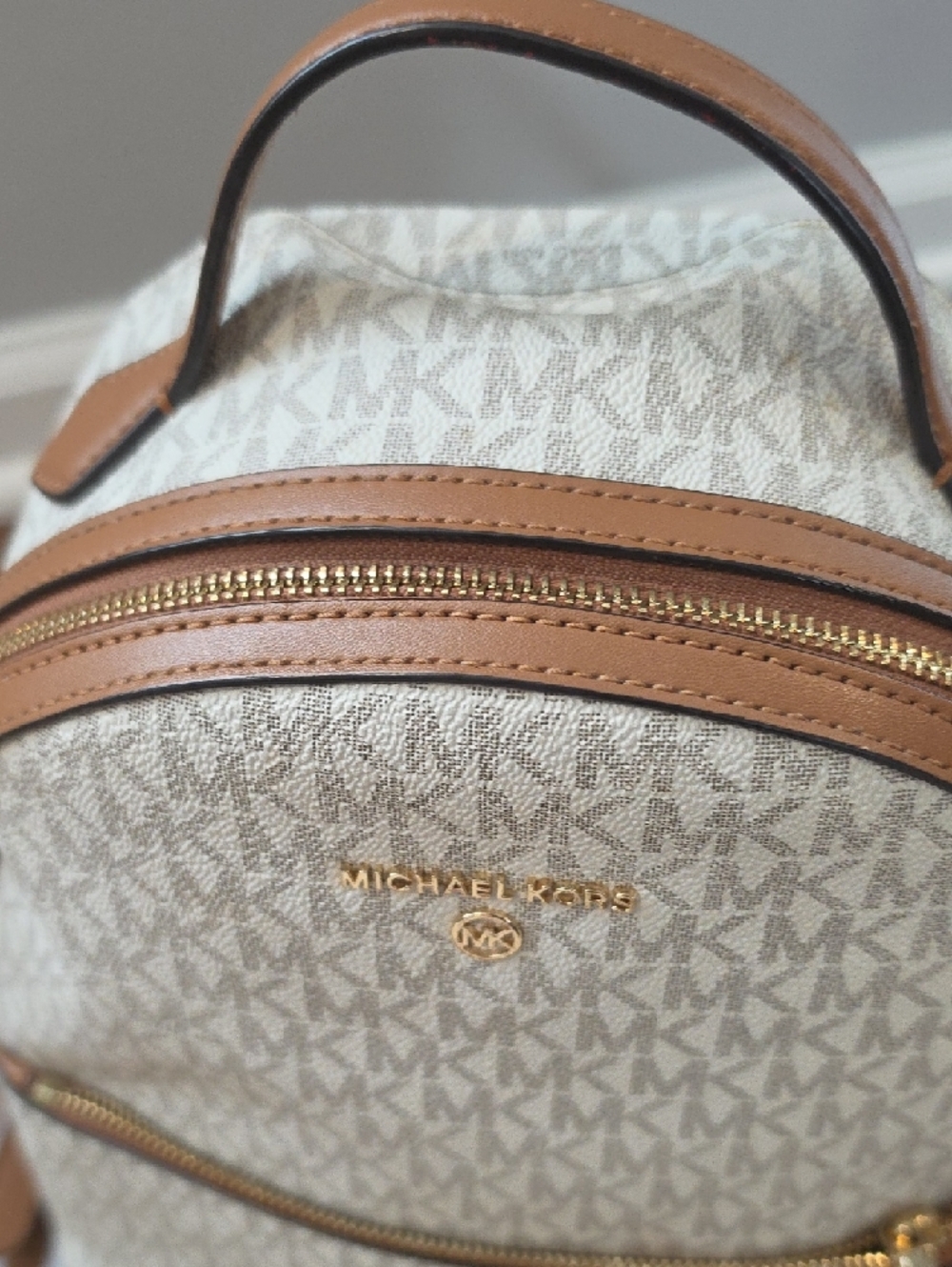 Michael Kors Cream Signature Logo Backpack with Brown Trim - Picture 2 of 8